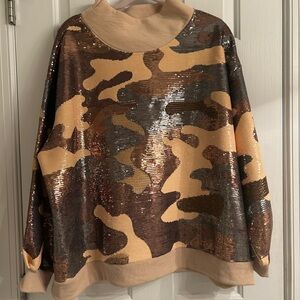 NWT QUEEN OF SPARKLES Beige and Gold Sequin Sweater Size Large